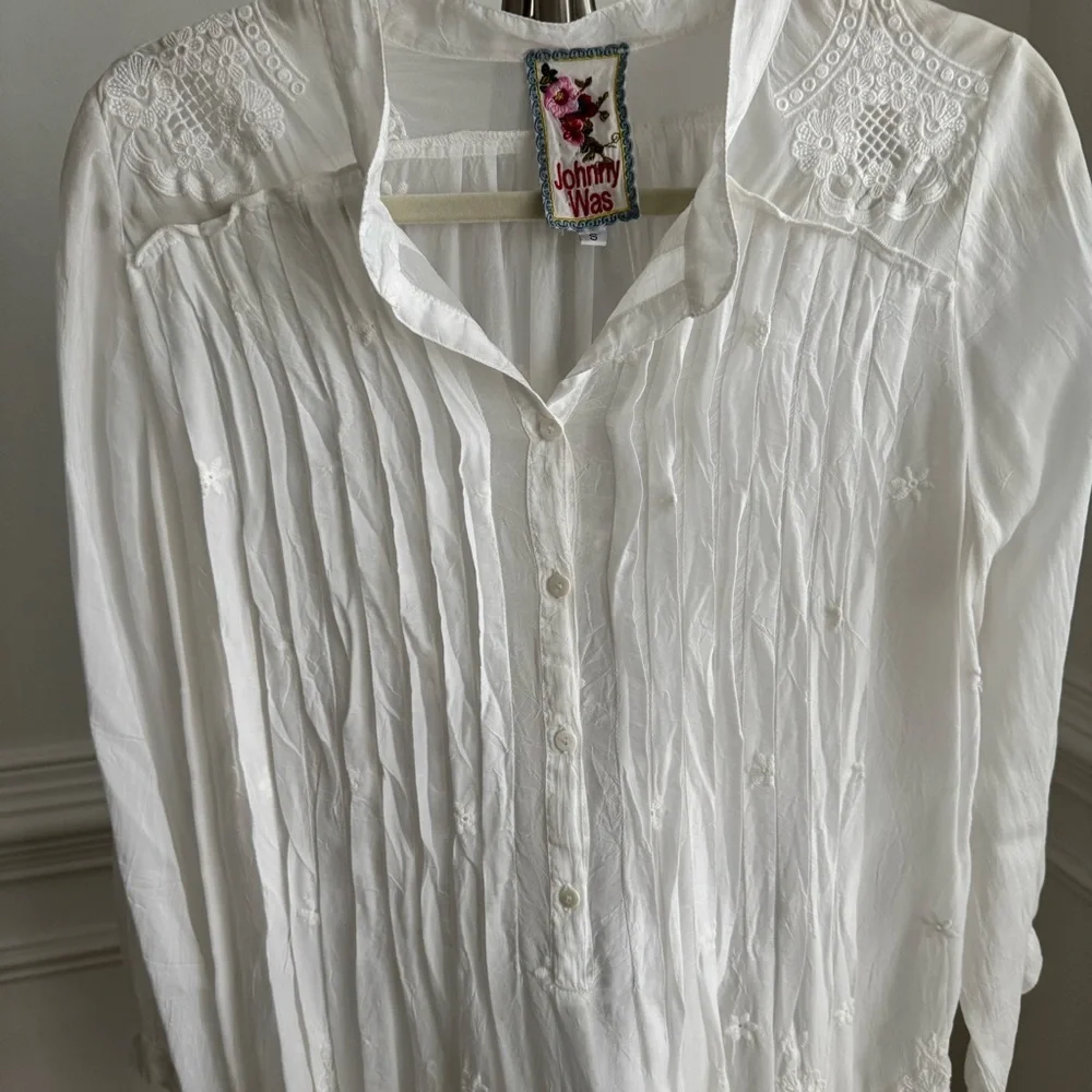 Johnny Was White The Pintuck Vine Embroidered Boho Blouse Tunic Small